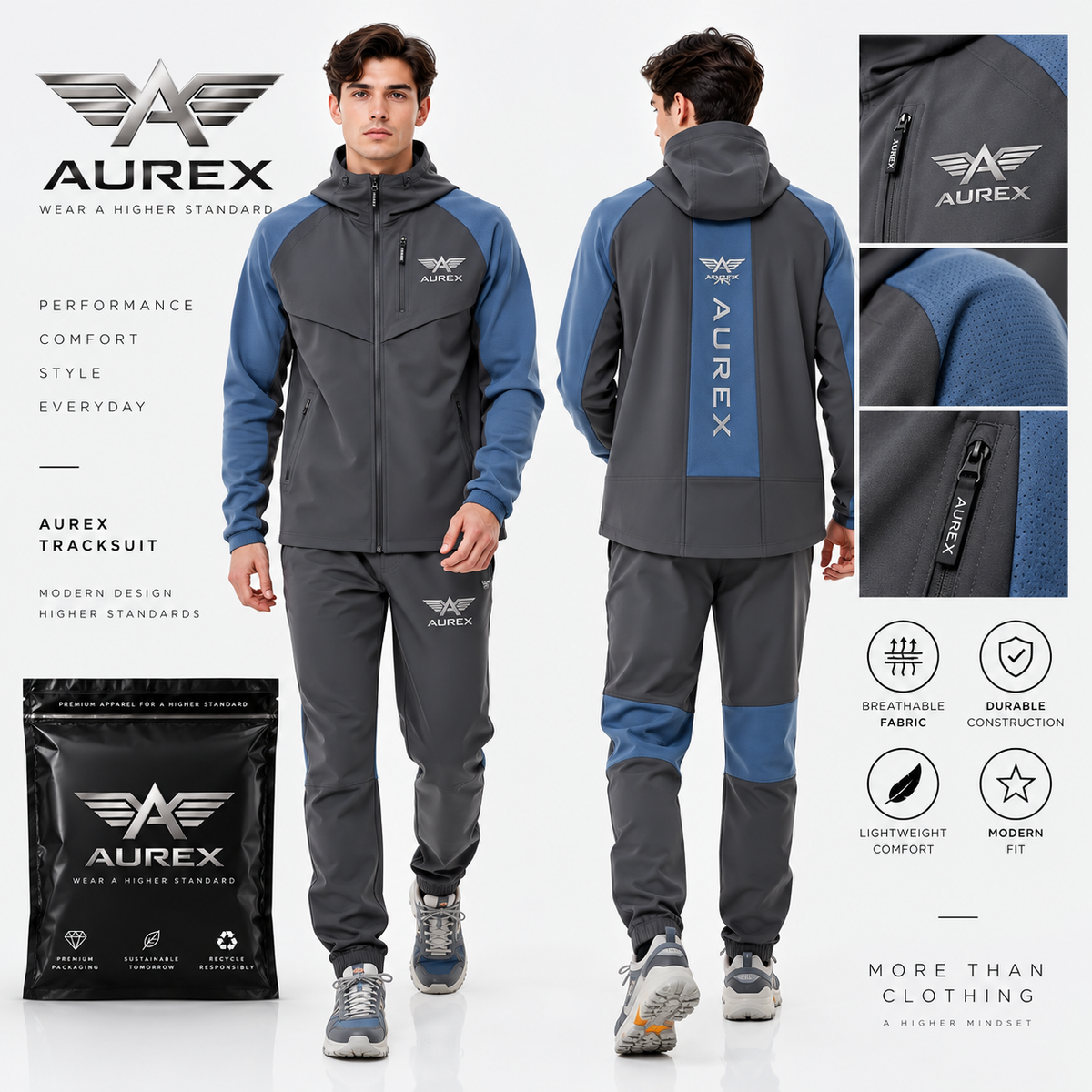 AUREX Performance Tracksuit – Black & Blue